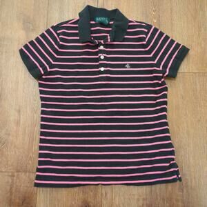 VTG Lauren Ralph Lauren Women Petite Medium Striped Polo Shirt Baby Tee Pink Y2K